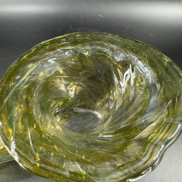 Vintage Sooner Glass Hand Made Green Swirls Dish Bowl Handmade Cornucopia Bowl - Picture 12 of 16